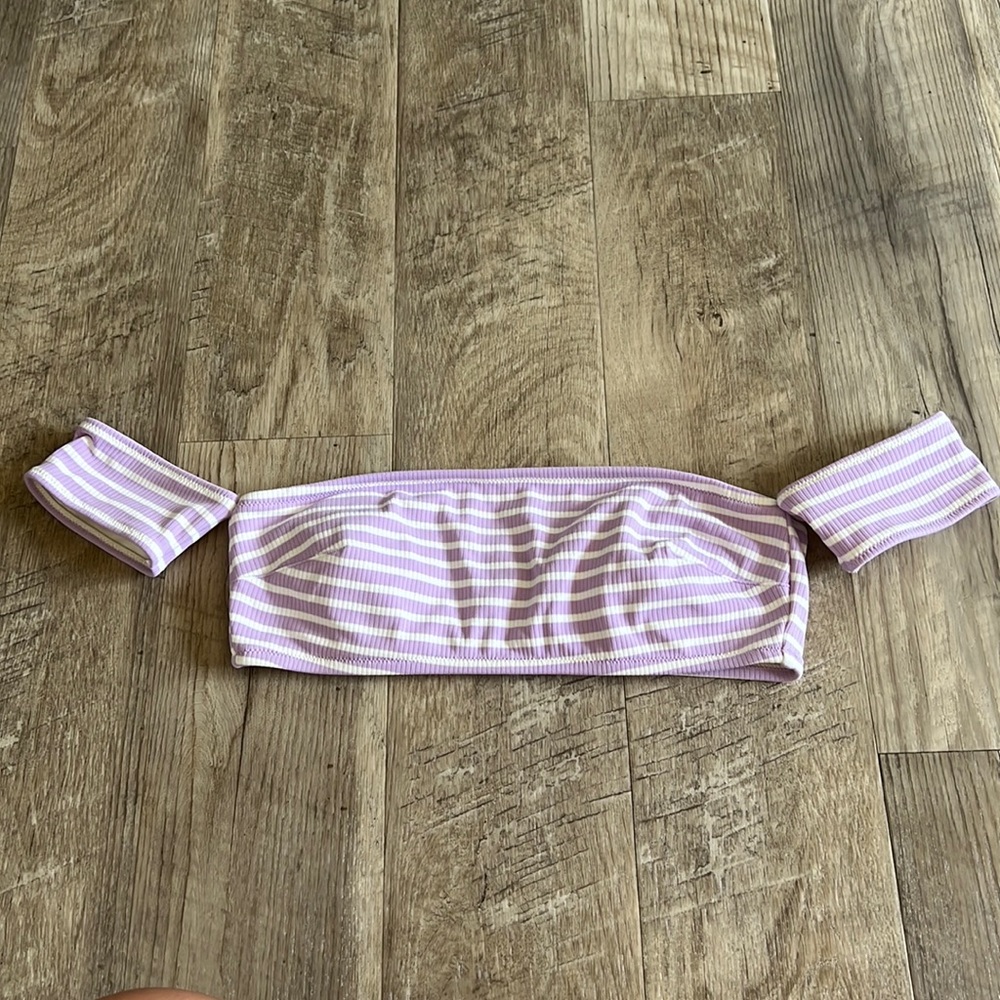 aerie Purple and White Striped Off the Shoulder Bikini Top.